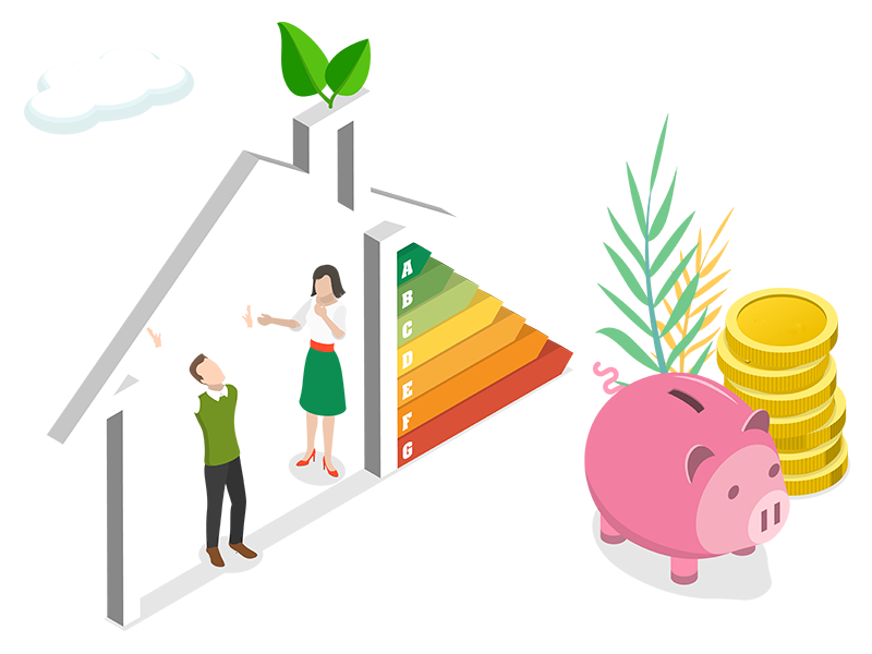 Illustration von Personen in energieeffizientem Gebäude mit Sparschwein und Münzen