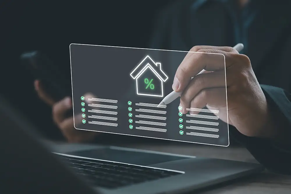 Business professional reviewing digital mortgage and loan checklist with virtual home and percentage icons, representing interest rates, property finance, real estate planning,